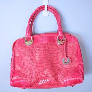 Faux Leather Satchel Top Handle Bag Bright Pink Croc Embossed 80s Retro Purse